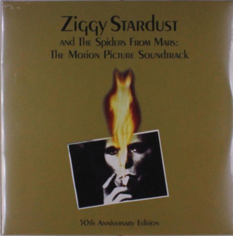 "Ziggy Stardust and The Spiders From Mars: The Motion Picture Soundtrack. 50th Anniversary Edition."  
Flammen über einem Gesicht.