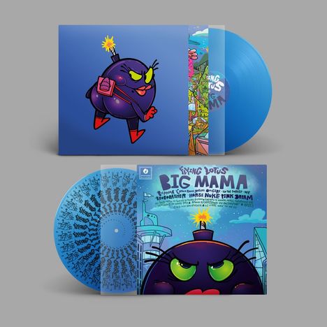 Aufschrift: "Flying Lotus Big Mama". Illustration einer wütenden, lila Bombe mit Zündschnur auf blauem Hintergrund.