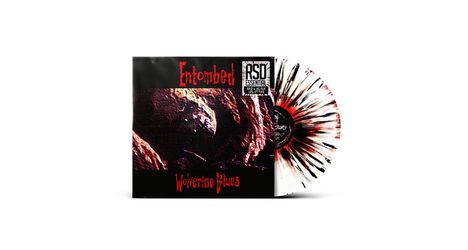Entombed, Wolverine Blues. Rechtsfarbiger Vinyl mit rot-schwarzem Splatter-Design.