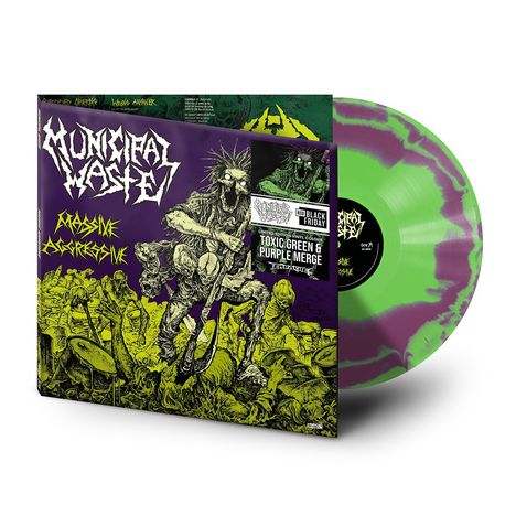 "Municipal Waste" und "Massive Aggressive" in düsterer Schrift, grün-lila Vinyl, chaotische Zombie-Illustration.