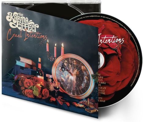 Text: „The Karma Effect“, „Cruel Intentions“. Illustration mit Rosen, Wein, Büchern und einer kaputten Uhr.