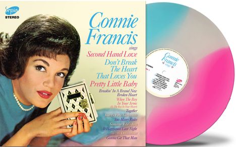 Connie Francis Album, Titel wie "Second Hand Love" in Farben. Frau mit braunen Haaren betrachtet ein Kartenspiel.