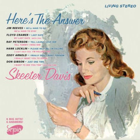 "Here's The Answer", "Skeeter Davis". Liste von Liedtiteln und Interpreten. Illustration einer Frau, die schreibt.