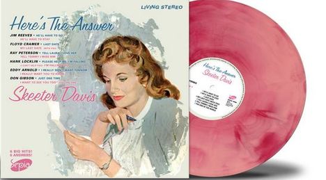 "Here's The Answer" von Skeeter Davis, Liederliste und Namen anderer Künstler in blauer und roter Schrift. Illustration einer Frau.
