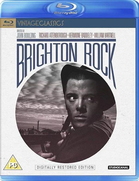 "BRIGHTON ROCK" in großer Schrift, schwarz-weißes Porträt eines Mannes mit ernstem Blick. "DIGITALLY RESTORED EDITION".