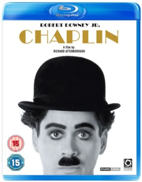 "Robert Downey Jr. CHAPLIN, a film by Richard Attenborough." Darunter ein Schwarz-Weiß-Porträt eines Mannes mit Melone.