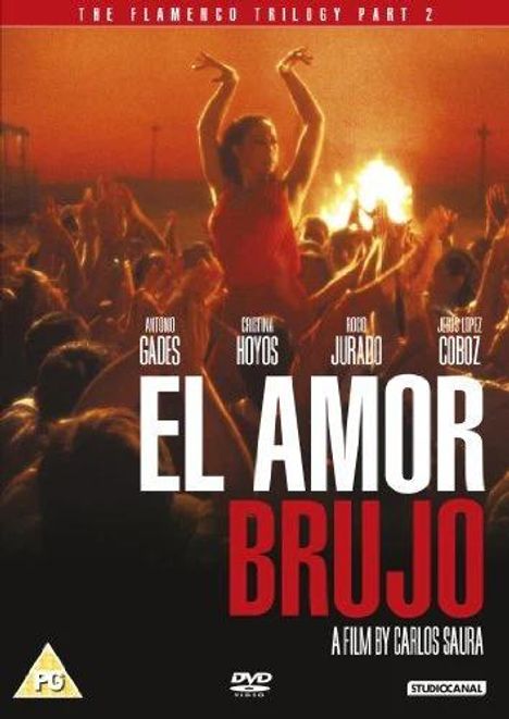 Oben: "The Flamenco Trilogy Part 2". Unten: "El Amor Brujo". Frau in rotem Kleid tanzt vor einer Gruppe.