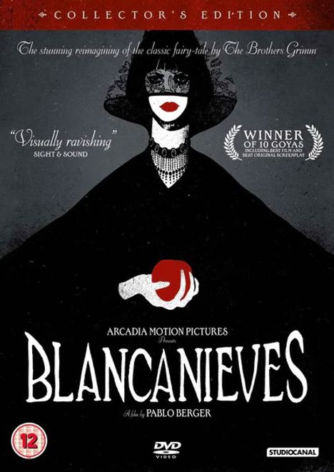 Collector's Edition, Blancanieves, visuell eindrucksvoll, Gewinner von 10 Goyas. Dunkle Figur mit rotem Apfel.