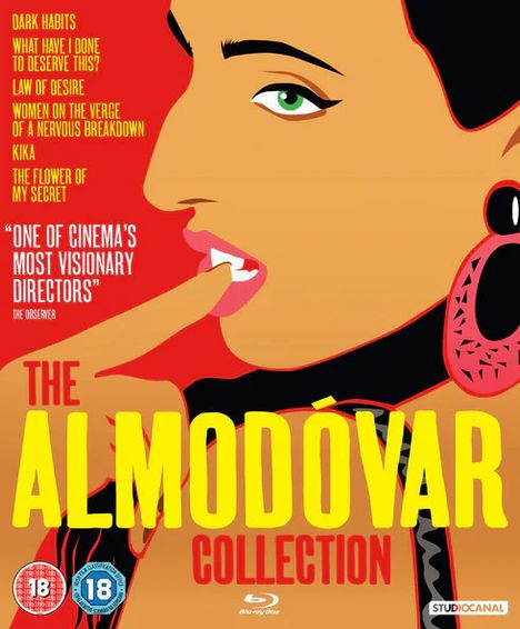 Es ist eine Illustration mit leuchtenden Farben. Text: "The Almodóvar Collection", Filmtitel, Zitat: "One of cinema's most visionary directors".
