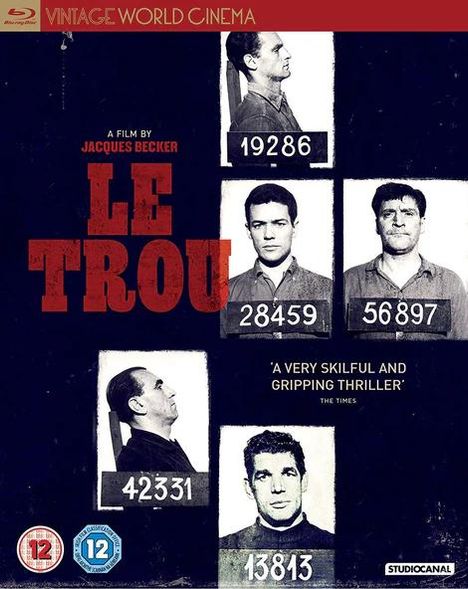„LE TROU“, darunter stehen Gefangenennummern und Porträts von fünf Männern. Ein Zitat lobt den Film als spannend.