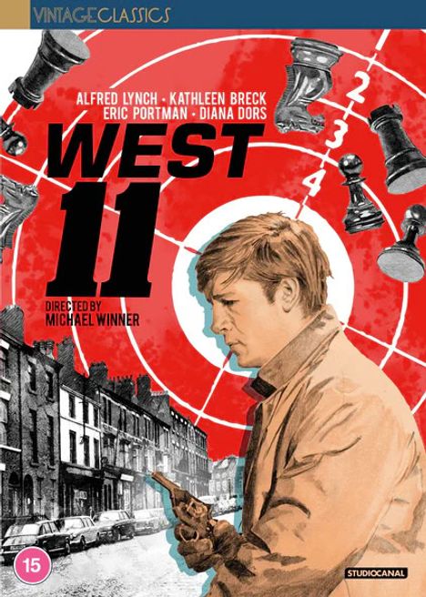 "Alfred Lynch, Kathleen Breck, Eric Portman, Diana Dors. WEST 11. Directed by Michael Winner. Illustration: Mann mit Pistole."