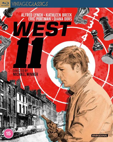 Text: "Alfred Lynch, Kathleen Breck, Eric Portman, Diana Dors, WEST 11, Directed by Michael Winner."
Illustration: Mann vor Zielscheibe.