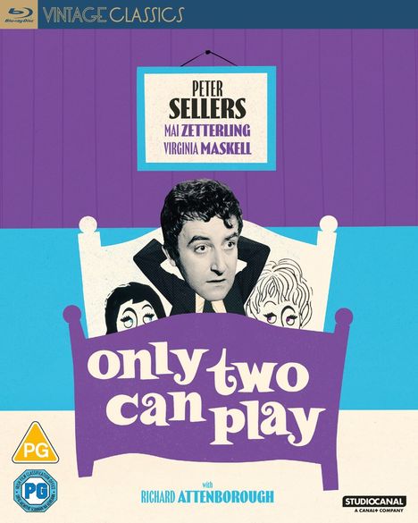 "Only Two Can Play" mit Peter Sellers; lila Bett; zwei gezeichnete Gesichter; Vintage Classics Design; Logo unten rechts.