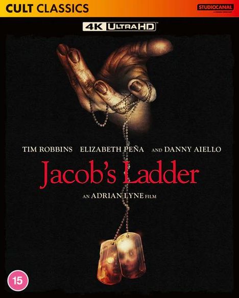 Text: "Jacob's Ladder", "Tim Robbins", "Elizabeth Peña", "Danny Aiello". Hand hält Erkennungsmarken.