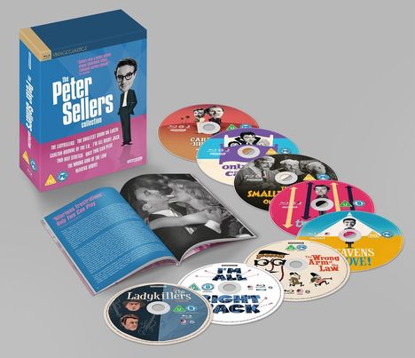 "The Peter Sellers Collection" auf einer Box. Verschiedene bunte DVDs und ein aufgeschlagenes Buch mit Text und Schwarz-Weiß-Foto.