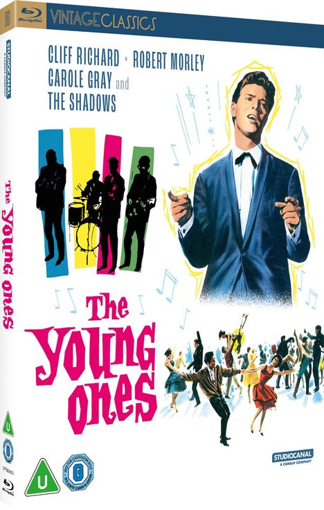 Text: "Cliff Richard • Robert Morley • Carole Gray and The Shadows", "The Young Ones". Illustration: Sänger, Band, Tänzer.