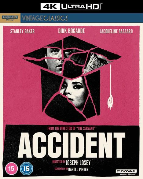 „Accident“, Regie von Joseph Losey, Drehbuch von Harold Pinter. Zerbrochener Mörserhut mit Gesichtern, pinker Hintergrund.