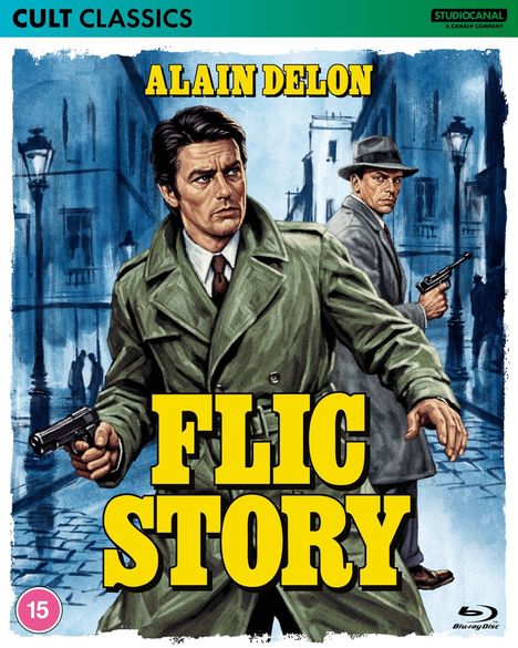 "CULT CLASSICS", "ALAIN DELON", "FLIC STORY". Illustration von zwei Männern mit Waffen in Mantel vor einer blauen Stadtkulisse.