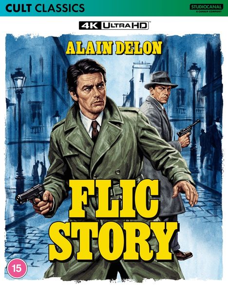 "FLIC STORY", "ALAIN DELON" in großen gelben Buchstaben, Illustration: Zwei Männer mit Waffen in regnerischer Stadt.