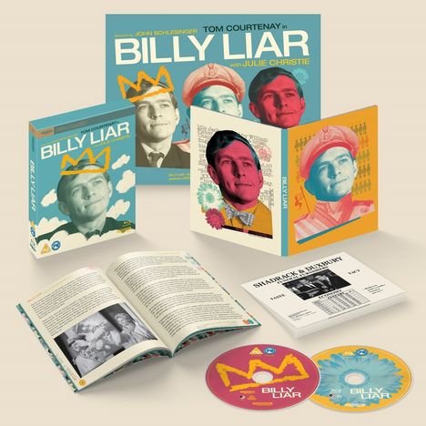 "BILLY LIAR" in großen Buchstaben, begleitet von Bildern und Illustrationen. Verschiedene bunte Covers und zwei CDs.