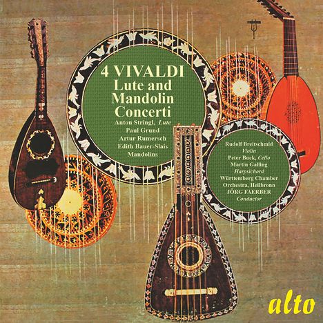"4 VIVALDI Lute and Mandolin Concerti" in großen Buchstaben, mit Illustrationen von Mandolinen und Lauten, "alto" unten rechts.