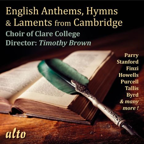 Text: "English Anthems, Hymns & Laments from Cambridge". Ein aufgeschlagenes Buch mit grünem Federkiel.