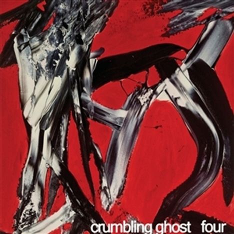 Text: "crumbling ghost four". Abstrakte Malerei mit dynamischen schwarzen und weißen Pinselstrichen auf rotem Hintergrund.