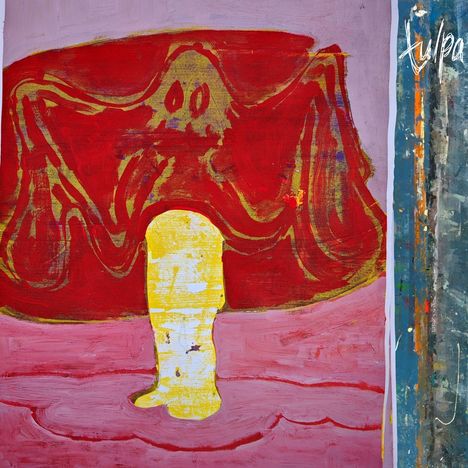 Oben rechts steht "ulpa". Eine abstrakte Illustration zeigt eine gelbe Form unter einer roten, gespenstischen Gestalt.