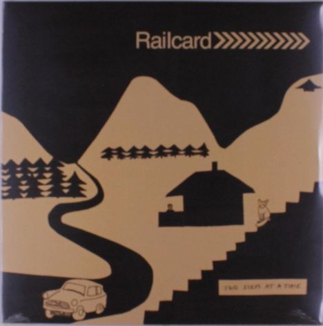 "Railcard" und "Two Steps at a Time" in einer Illustration mit Bergen, Bäumen, Haus, Treppe, Katze und Auto auf der Straße.