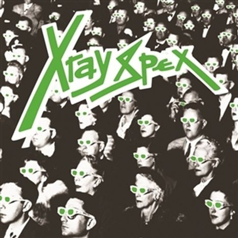 "X-ray Spex" in grüner Schrift. Menschenmenge mit weißen 3D-Brillen mit grünen Gläsern in einem Kontrastfoto.