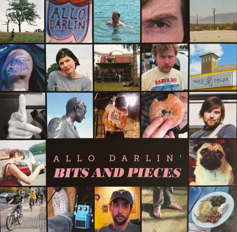 Text: "ALLO DARLIN' BITS AND PIECES". Collage aus Fotos, darunter Menschen, ein Hund, ein Bagel und Fahrräder.