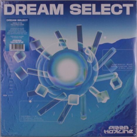 "DREAM SELECT" steht groß oben. Unten rechts "PIZZA HOTLINE". Abstrakte 3D-Formen in Blau und Lila.