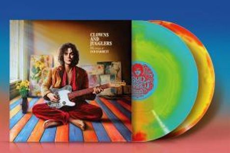 Text: "CLOWNS AND JUGGLERS" "BARRETT". Ein Musiker sitzt mit Gitarre auf buntem Boden, daneben bunte Schallplatten.