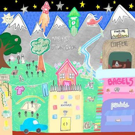 Texte: "NEIP'S STORYBOOK", "Find Me Coffee", "BAGELS". Bunte Kindermalerei, Berge, Raketen, Häuser, Auto, Bäume, Menschen.