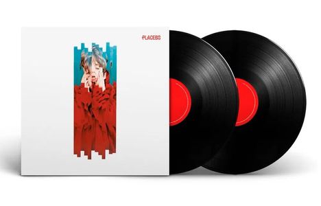 "PLACEBO" in roter Schrift, zwei schwarze Schallplatten mit rotem Label, Cover mit Person in Rot vor blauem Hintergrund.