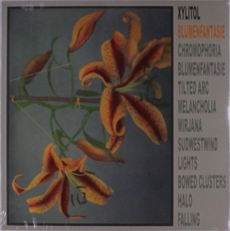 Text: Xylitol, Blumenfantasie, Chromophoria, Blumenfantasie, Tilted Arc, Melancholia, Mirjana, Südwestwind, Lights, Bowed Clusters, Halo, Falling. 

Illustration: Blume mit gelben Blüten und grünen Stielen.