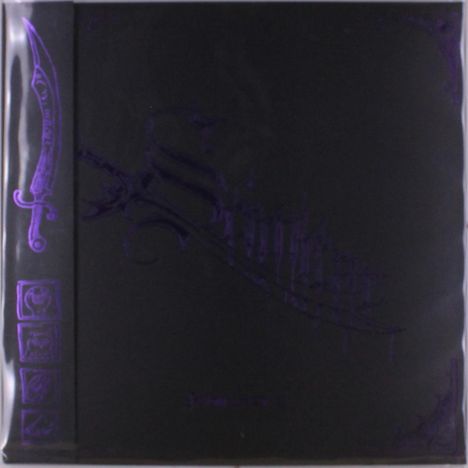 Ein violetter Dolch mit verzierter Klinge und vier kleinen Symbolen auf schwarzem Hintergrund.