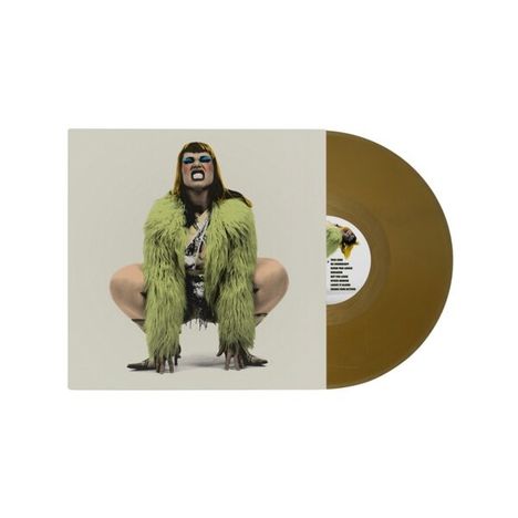 Eine Person mit grünem Pelzmantel und blauer Schminke hockt. Eine braune Vinylplatte ist daneben.