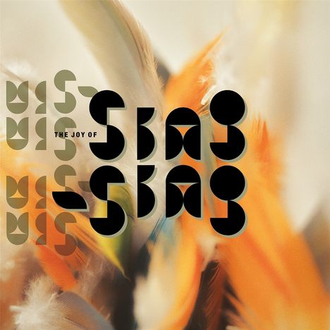 Der Text "THE JOY OF" erscheint mehrmals. Bunte Federn in Orange und Weiß dominieren den Hintergrund.