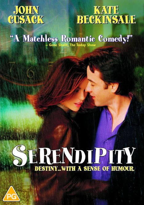 Text: "John Cusack; Kate Beckinsale; 'A Matchless Romantic Comedy!'; SERENDIPITY; DESTINY...WITH A SENSE OF HUMOUR." Zwei Personen umarmen sich.
