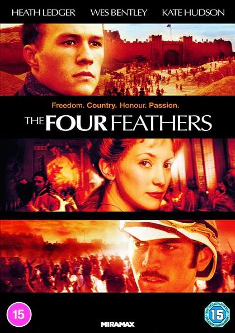 "The Four Feathers", oben Gesichter von drei Personen; unten historische Szenen, warme Farben, Abzeichen "15".