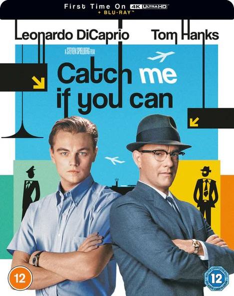 „Catch me if you can“; Leonardo DiCaprio und Tom Hanks in blauer und grauer Kleidung vor buntem Hintergrund.