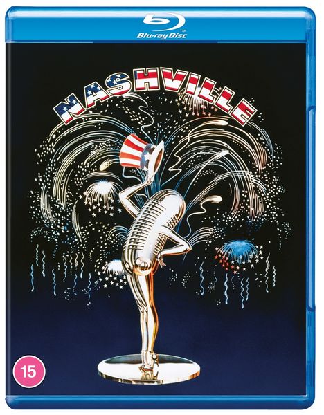 NASHVILLE in großen Buchstaben. Illustration: Mikrofonfigur mit Zylinder vor Feuerwerk auf Blu-ray-Hülle. Ab 15 Jahren.