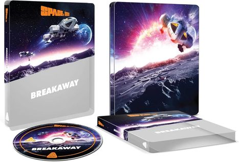 Text: "SPACE: 1999 BREAKAWAY". Sci-Fi-Blu-ray-Set mit Raumschiffen und Mondlandschaft.
