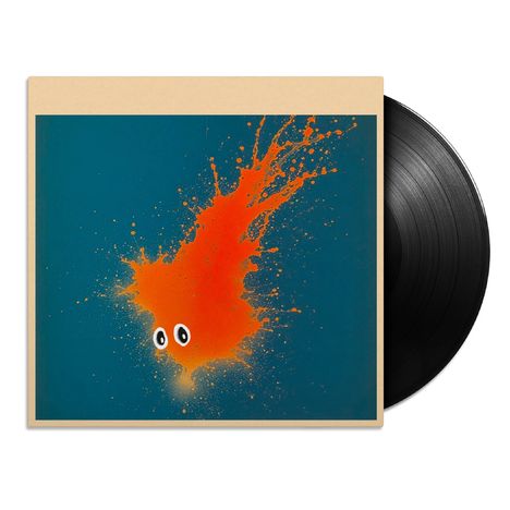 Illustration: Ein schwarzes Vinyl neben einem Cover mit orangefarbenem Klecks und zwei großen Augen auf blauem Hintergrund.