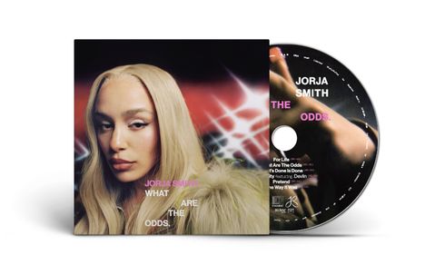 "JORJA SMITH WHAT ARE THE ODDS" in lila und weiß. Links Porträt einer Frau mit blondem Haar, rechts CD mit Text.