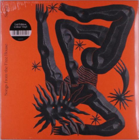 "Songs from the Free House" steht an der Seite. Illustration: Eine abstrakte, schwarze Figur auf orangem Hintergrund mit Sternenformen.