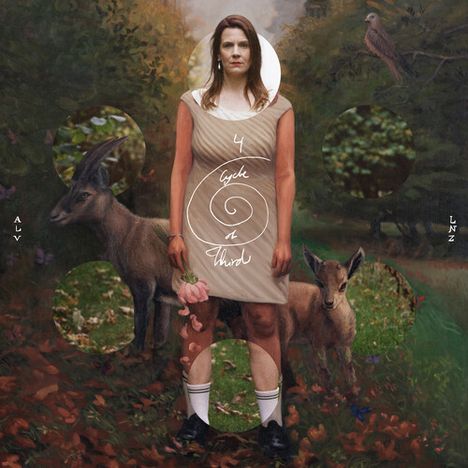 „4 Cycle of Three“ steht in einer Spirale über einem Porträt-Design mit einer Frau, umgeben von Tieren und Natur.