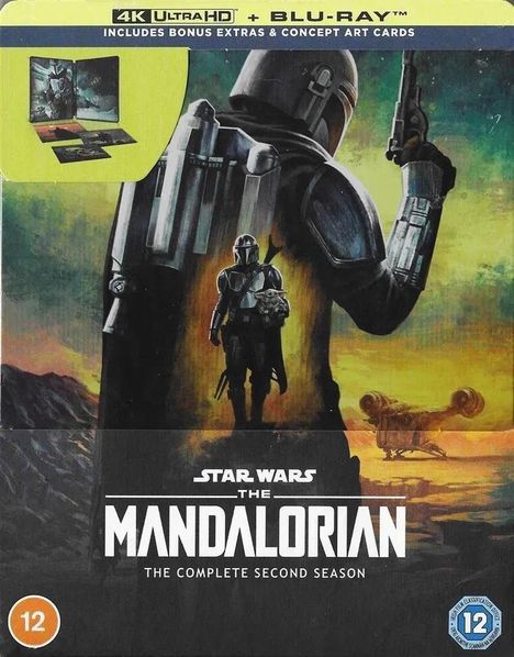 4K Ultra HD + Blu-Ray, Bonus-Extras & Konzeptkunstkarten. Star Wars: The Mandalorian, zweite Staffel. Sci-Fi-Szene.