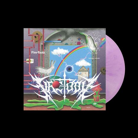 Text: "Fire-Toolz", "Lavender Memorex". Illustration mit Regenbogen, Wolken, Hasen, Haus, abstraktem Schriftzug und lila Schallplatte.
